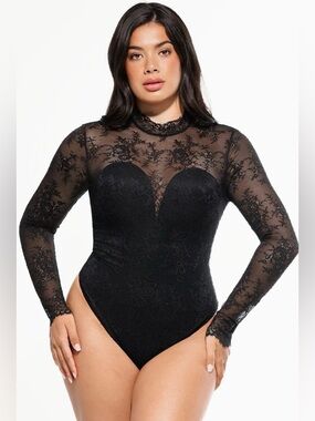 NWT Black Lace Long-Sleeve Sheer Bodysuit